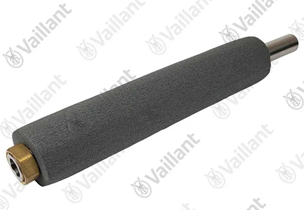 Vaillant Wellrohr mit grauem Schaumstoffüberzug und Metallenden, zur Verwendung in Heizsystemen, auf neutralem Hintergrund.